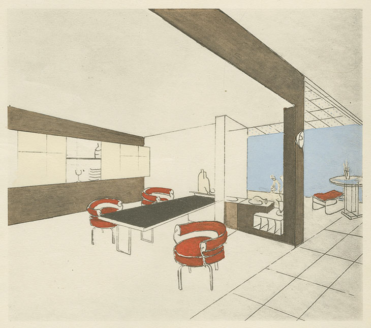 Perspective drawing of the studio in Place Saint-Sulpice, designed by Charlotte Perriand and published in L‘Art international d’aujourd’hui (vol. 6, Intérieurs) in 1929.