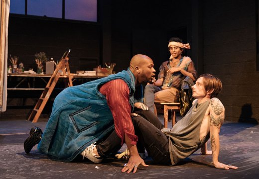 Stefan Adegbola as Poggio di Chiusi, Hiran Abeysekera as Leonardo da Vinci, and Dickie Beau as Sandro Botticelli in Botticelli in the Fire at Hampstead Theatre, London, 2019.