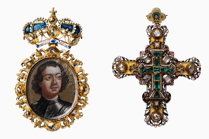 Decoration with portrait of Peter I (early 18th century), Kremlin workshops, Moscow; pectoral cross of Tsar Peter Alexeevich (1684), Kremlin workshops, Moscow