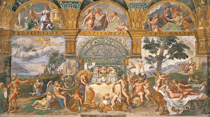 The south wall of the Sala di Psiche, Palazzo Te, Mantua, Giulio Romano and workshop.