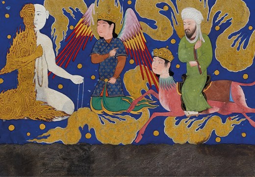 ‘The Prophet Muhammad encounters the angel of half-fire and half-snow’, miniature from a copy of al-Sarai’s Nahj al-Faradis (c. 1465), Herat.