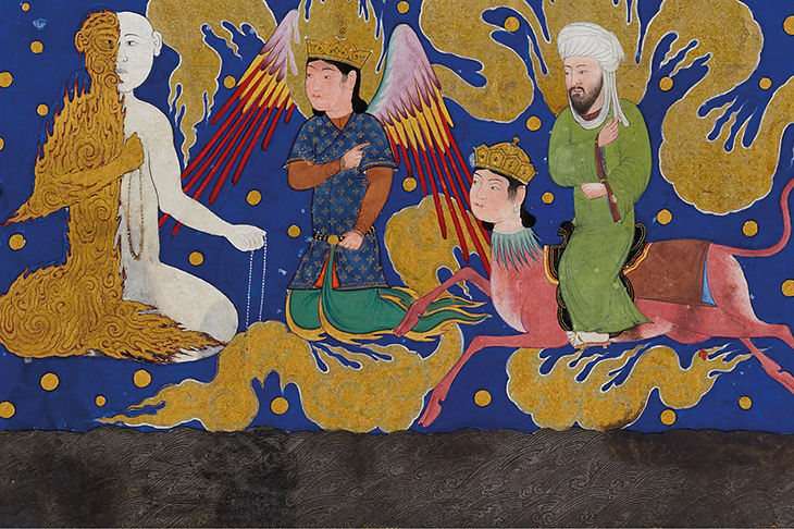 ‘The Prophet Muhammad encounters the angel of half-fire and half-snow’, miniature from a copy of al-Sarai’s Nahj al-Faradis (c. 1465), Herat.