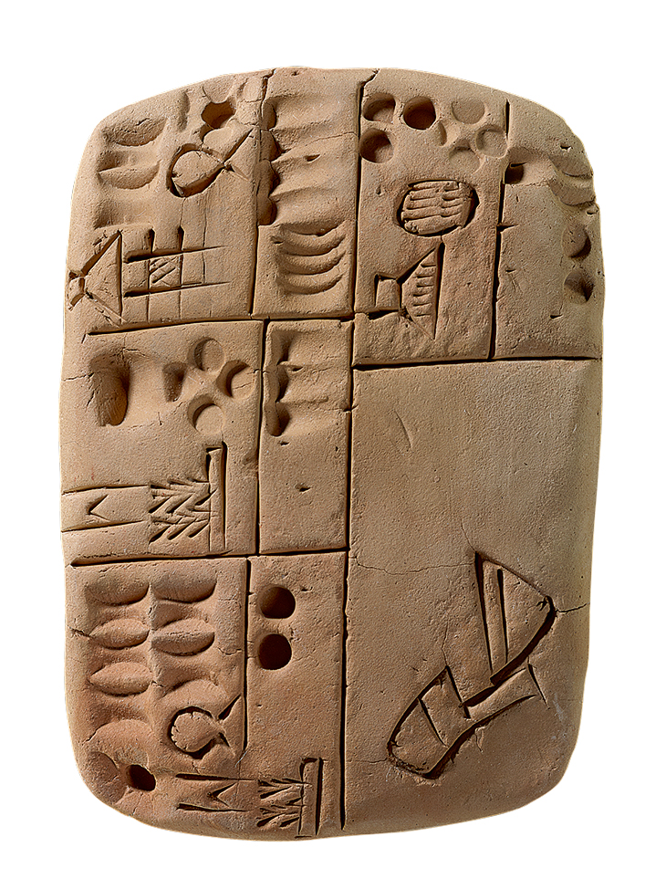 Tablet bearing accounts in writing stage Uruk III, Jemdet Nasr period, end of the fourth millennium BC, Uruk Iraq. Erlenmeyer Collection, Berlin, Photo: Olaf M. Tessmer; © Staatliche Museen zu Berlin, Vorderasiatisches Museum, Berlin