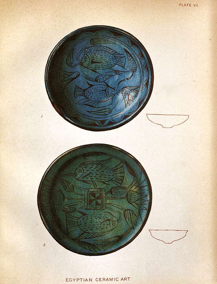 Illustration of Egyptian faience bowls by Henry Wallis, published in ‘Egyptian Ceramic Art: The MacGregor Collection’ (1898). Brooklyn Museum Libraries – Wilbour Library of Egyptology, New York