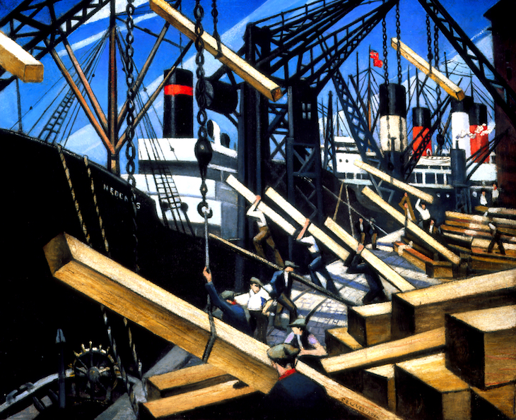 Loading Timber at Southampton Docks (1917), C.R.W. Nevinson.