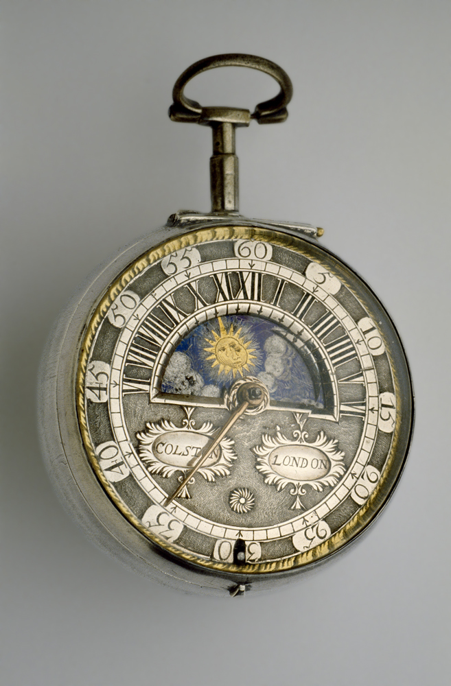Silver pair-cased verge watch with sun-and-moon dial (c.1685–90), Richard Colston.