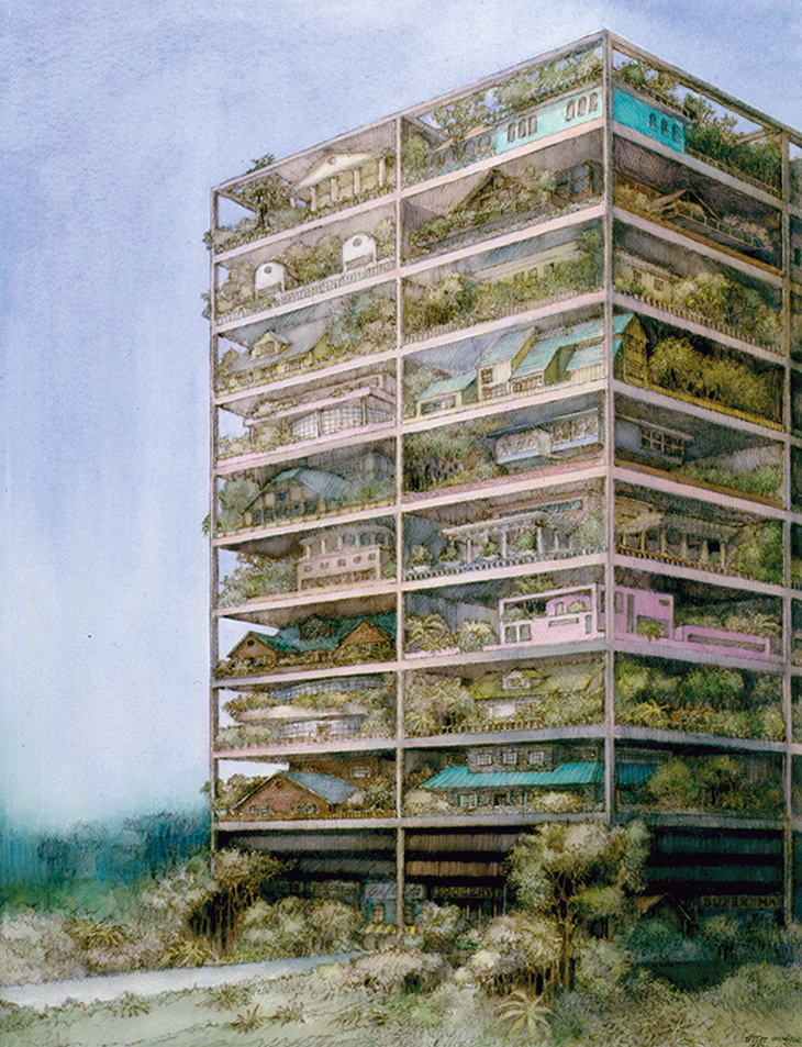 Watercolour rendering of 'High-rise of Homes', an unrealised residential project designed by James Wines & SITE in 1981. © SITE New York