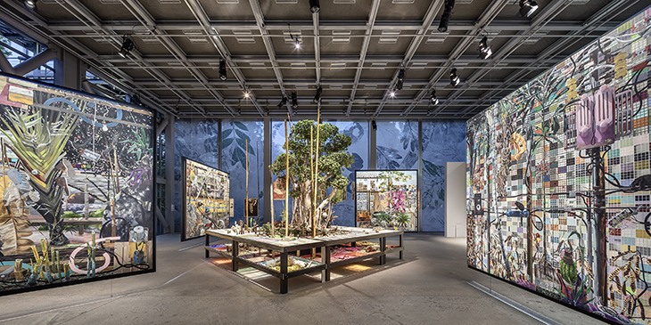 Installation view of Luiz Zerbini’s table herbarium in ‘Nous les Arbres’ at the Fondation Cartier in Paris.
