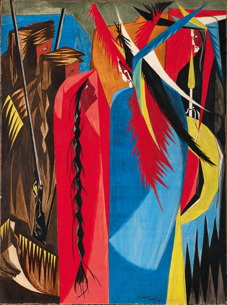 In all your intercourse with the natives, treat them in the most friendly and conciliatory manner which their own conduct will admit . . . —Jefferson to Lewis & Clark, 1803 (1956), Panel 18 from Struggle: From the History of the American People (1954–56, Jacob Lawrence.