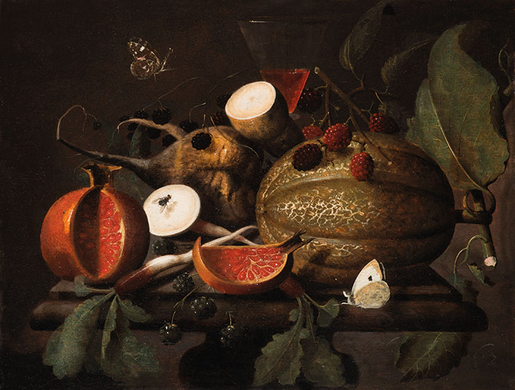 Still life with melon, blackberries, pomegranate, black radishes and butterflies and a glass of wine (1697), Martinus Nellius. Klaas Muller (approx €75,000)