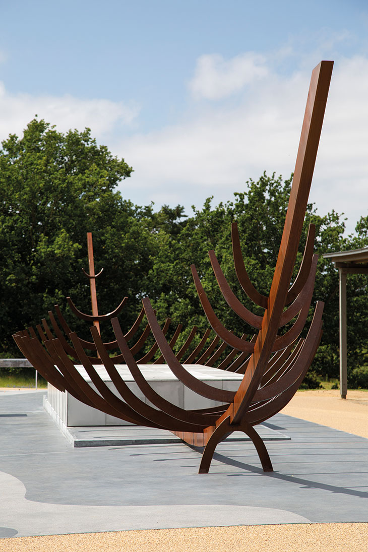 A ‘full-size sculpture’ of the Anglo-Saxon burial ship from Mound One, Sutton Hoo, installed as part of the redevelopment of visitor facilities and exhibition spaces at the site