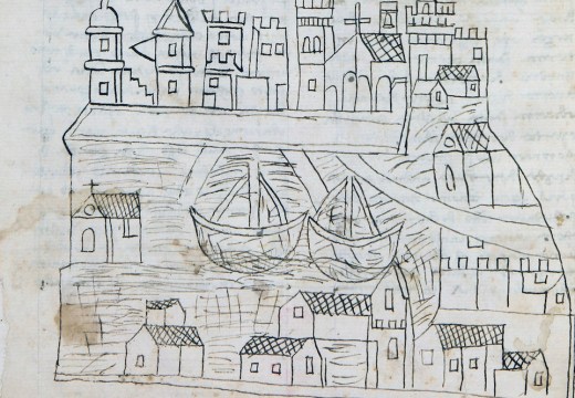 Manuscript page with a drawing of Venice (detail; 1346–50), Fra Niccolò da Poggibonsi.