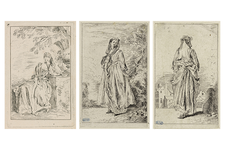 Les figures de modes (3 out of the 6 surviving subjects), (c. 1710), Antoine Watteau. Musée du Louvre, Paris (far left); Petit Palais, Paris. (Left) photo: Musée du Louvre, dist. RMN-Grand Palais/Angèle Dequier