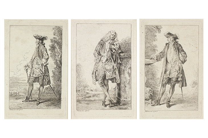 Les figures de modes (3 of the 6 surviving subjects) collected in the ‘Recueil Julienne’ and published in 1735, after Watteau. Art Institute of Chicago