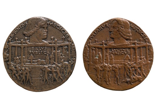 The Pazzi Conspiracy (Lorenzo de’ Medici) (1478), Bertoldo di Giovanni (obverse on left from Museo Nazionale del Bargello, Glorence; reverse on right, promised gift to the Frick Collection, New York)