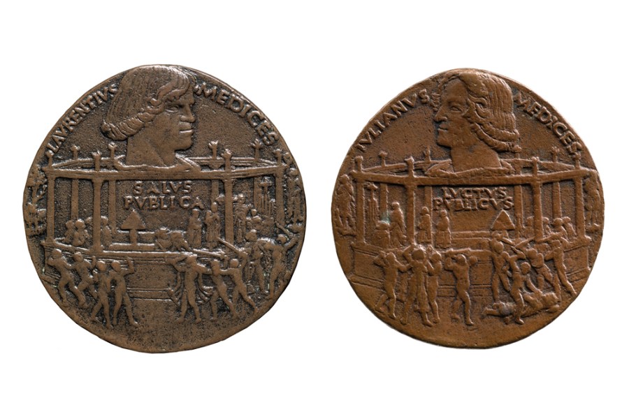 The Pazzi Conspiracy (Lorenzo de’ Medici) (1478), Bertoldo di Giovanni (obverse on left from Museo Nazionale del Bargello, Glorence; reverse on right, promised gift to the Frick Collection, New York)