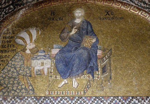 Mosaic of the Enthroned Christ and the Donor, Theodore Metochites above the entrance to the naos of the Kariye (Chora) Museum, Istanbul.