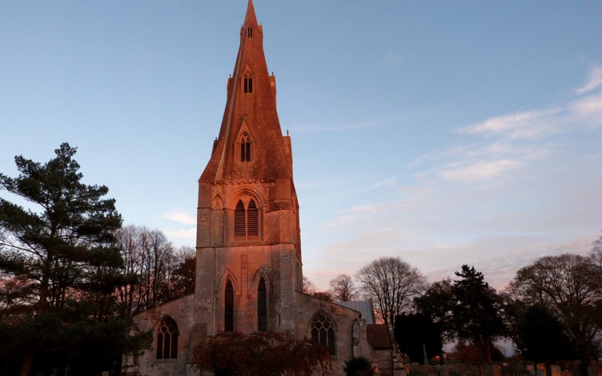 The west steeple of the Parish Church of St Mary in Frampton, Lincolnshire, was finished with one of the country’s earliest stone broach spires by c. 1300.
