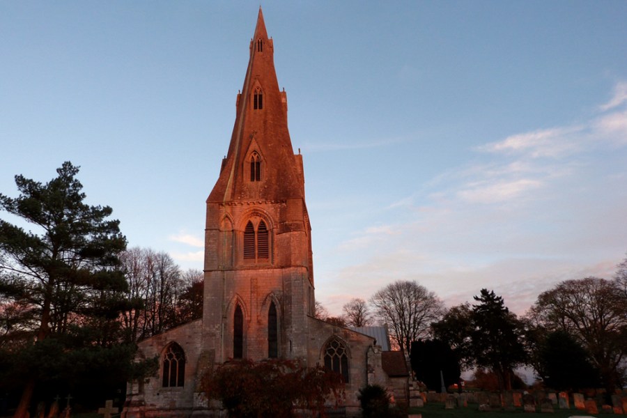 The west steeple of the Parish Church of St Mary in Frampton, Lincolnshire, was finished with one of the country’s earliest stone broach spires by c. 1300.