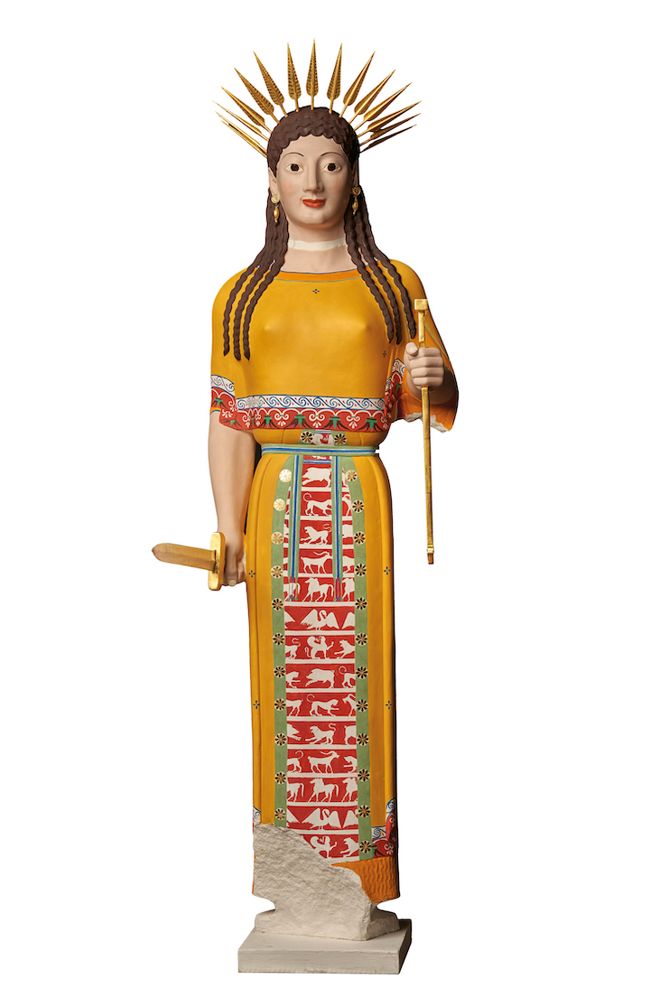 Experimental colour reconstruction, Variant B, of the so-called Peplos Kore from the Athenian Acropolis.