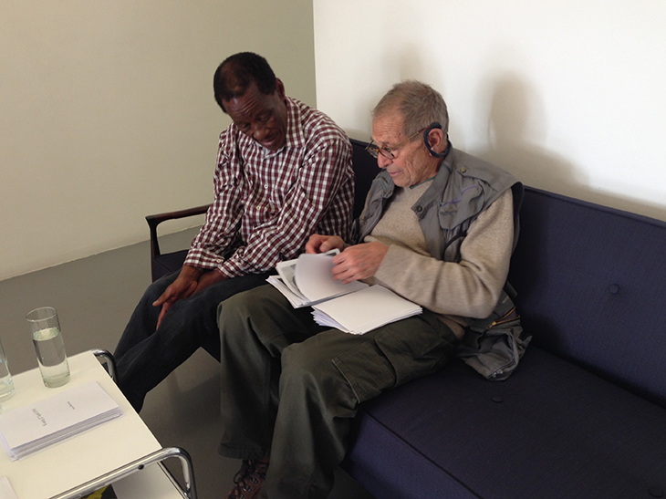 Santu Mofokeng showing David Goldblatt an early maquette for ‘Stories’ in Johannesburg in May 2014. Photo: Joshua Chuang