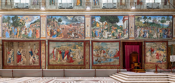 Tapestries illustrating the life of Peter, designed by Raphael, hanging in the Sistine Chapel, Rome, 2020.