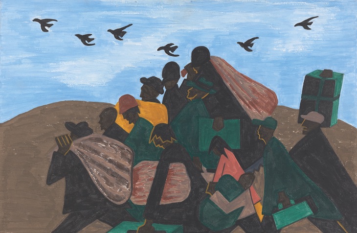 Panel 3 from The Migration Series, From every Southern town migrants left by the hundreds to travel north (1940–41), Jacob Lawrence.