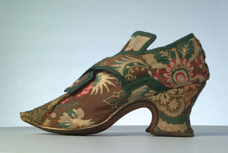 Brocade shoe without clog (1735–45), unknown maker. Chertsey Museum
