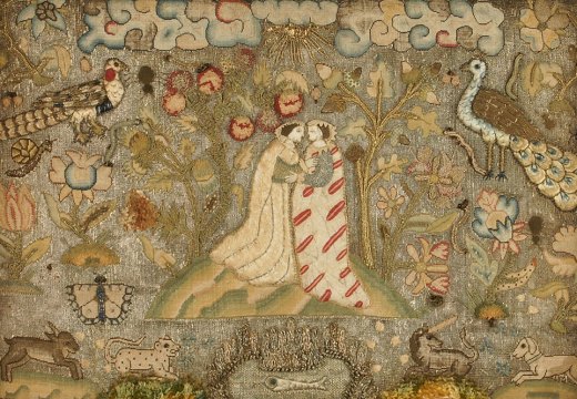 Textile panel depicting the Visitation (early 17th century), unknown English maker. © Ashmolean Museum, Oxford