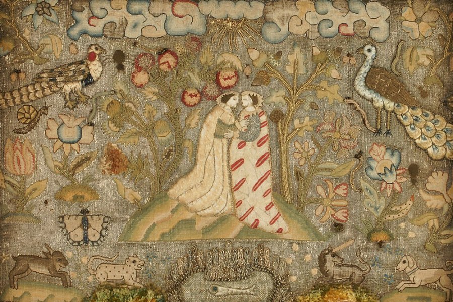 Textile panel depicting the Visitation (early 17th century), unknown English maker. © Ashmolean Museum, Oxford
