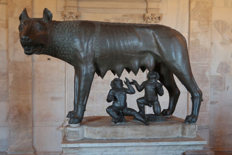 Sculpture of Romulus and Remus suckling at a she-wolf in the Musei Capitolini. Photo by Sean Gallup/Getty Images