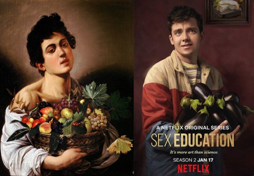 On the left is Caravaggio’s Boy with a Basket of Fruit. On the right is Sex Education’s Otis Milburn (Asa Butterfield)