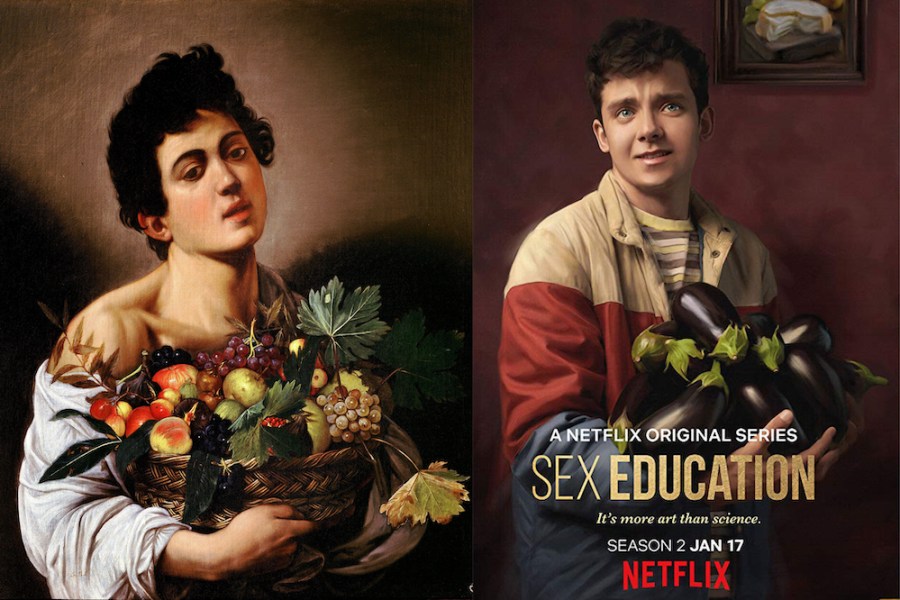 On the left is Caravaggio’s Boy with a Basket of Fruit. On the right is Sex Education’s Otis Milburn (Asa Butterfield)