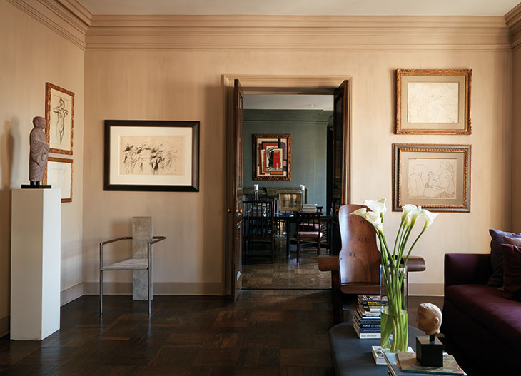 The living room in Kasper’s Upper East Side apartment, showing drawings by Degas, de Kooning, Picasso and Matisse, and (through the doorway) Léger’s Femme à la Toilette (1925).