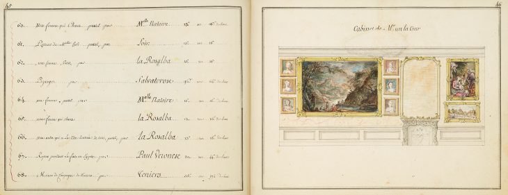 Pages 45–46 of the catalogue, with watercolour miniatures of paintings by David Teniers, Rosalba Carriera and Salvator Rosa.