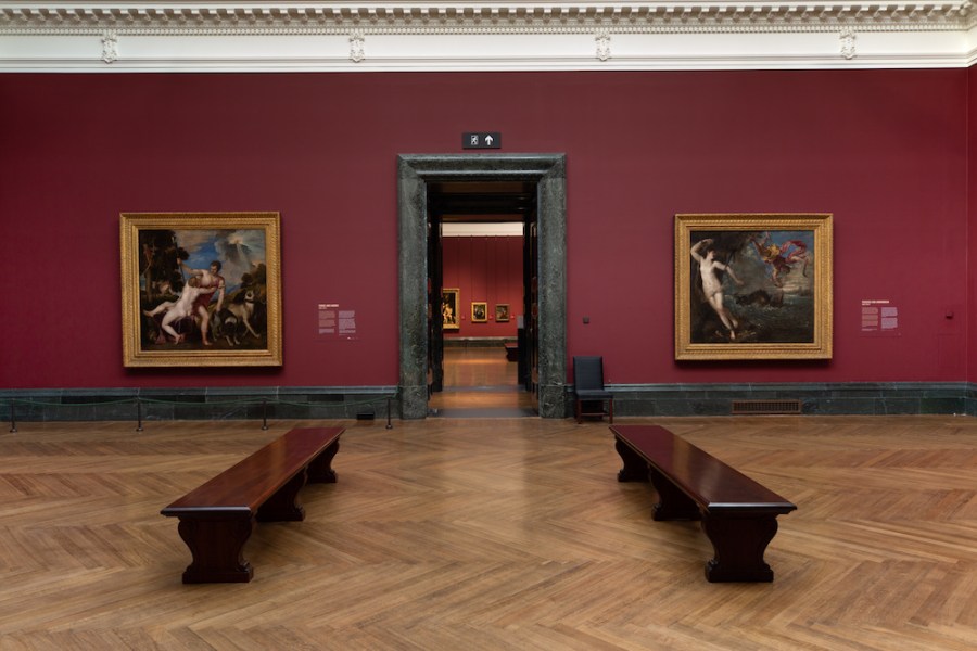 Installation view of ‘Titian: Love Desire Death’ at the National Gallery, London.