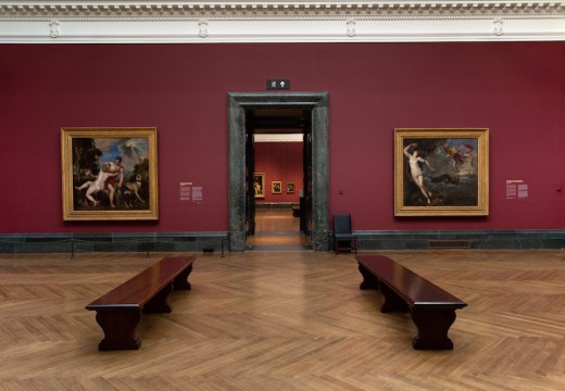 Installation view of ‘Titian: Love Desire Death’ at the National Gallery, London.