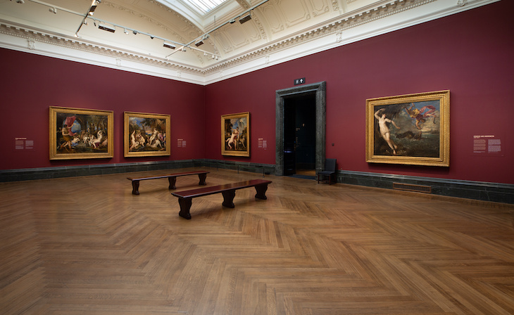 Installation view of ‘Titian: Love Desire Death’ at the National Gallery, London.