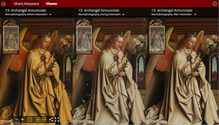 Screenshot from the 'Closer to Van Eyck' website showing the Archangel Annunciate from the Ghent Altarpiece before, during and after restoration