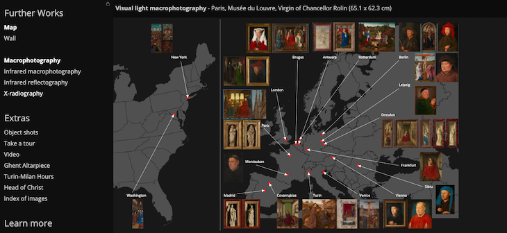 Screenshot from the 'Closer to Van Eyck' website showing the location of all Van Eyck paintings included in the project