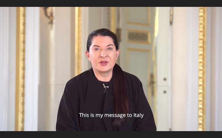 Marina Abramović delivering a message to Italy in a video for the Strozzi