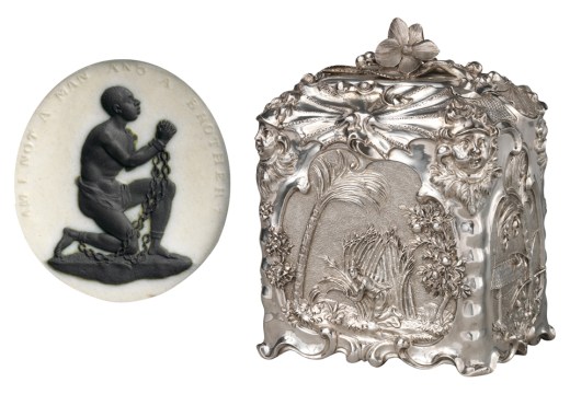 (Left) Anti-slavery medalliion (c. 1787), modelled by William Hackford and manufactured by Josiah Wedgwood. Metropolitan Museum of Art; (right) Sugar box (1744/45), Paul de Lamerie. Metropolitan Museum of Art