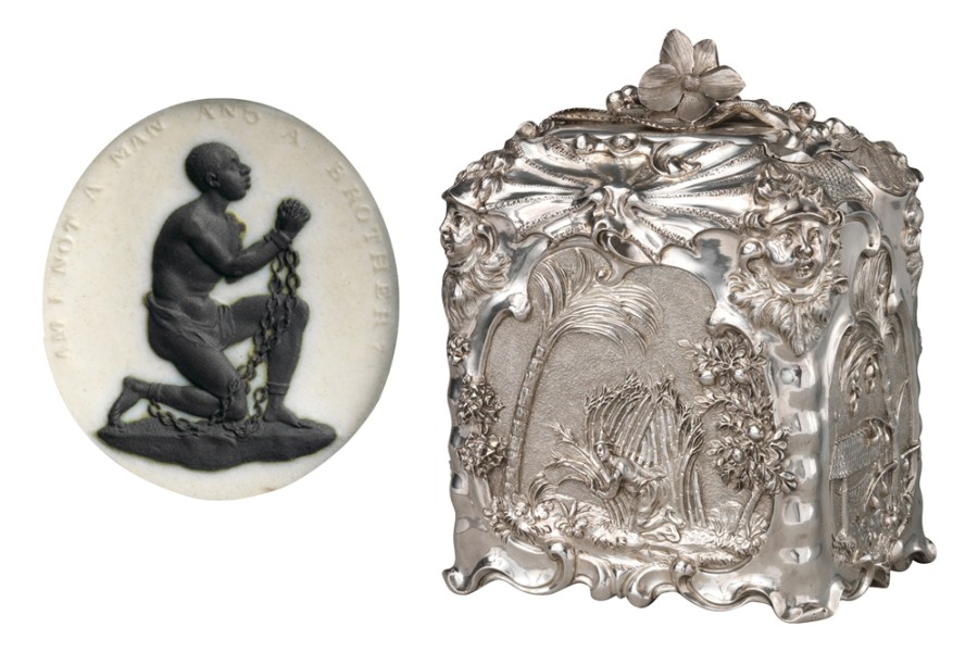 (Left) Anti-slavery medalliion (c. 1787), modelled by William Hackford and manufactured by Josiah Wedgwood. Metropolitan Museum of Art; (right) Sugar box (1744/45), Paul de Lamerie. Metropolitan Museum of Art