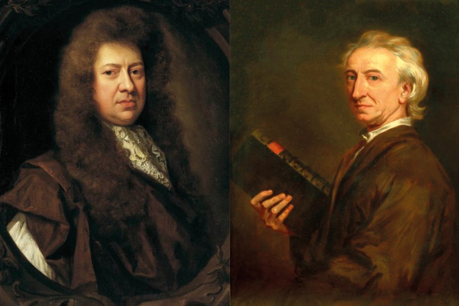 Right: portrait of Samuel Pepys (detail) (1689), Godfrey Kneller, National Maritime Museum, London. Wikimedia Commons (public domain); right: portrait of John Evelyn (detail) (n.d.), studio of Godfrey Kneller. Private collection. Wikimedia Commons (public domain)