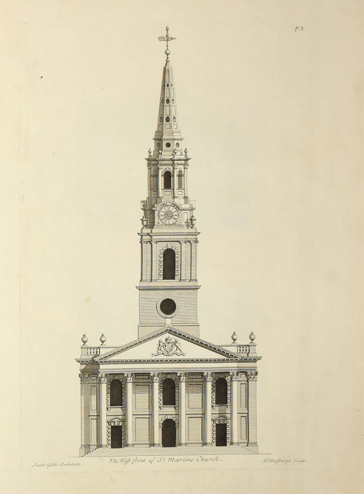 The west front of St Martin-in-the Fields in London, designed by James Gibbs (1682–1754) and published in A Book of Architecture (1728)