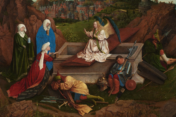The Three Marys at the Tomb (detail; c. 1410–26), Hubert and Jan van Eyck.