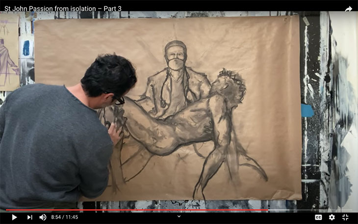 Screenshot showing artist Paolo Troilo at work in episode three of the St John Passion from Isolation
