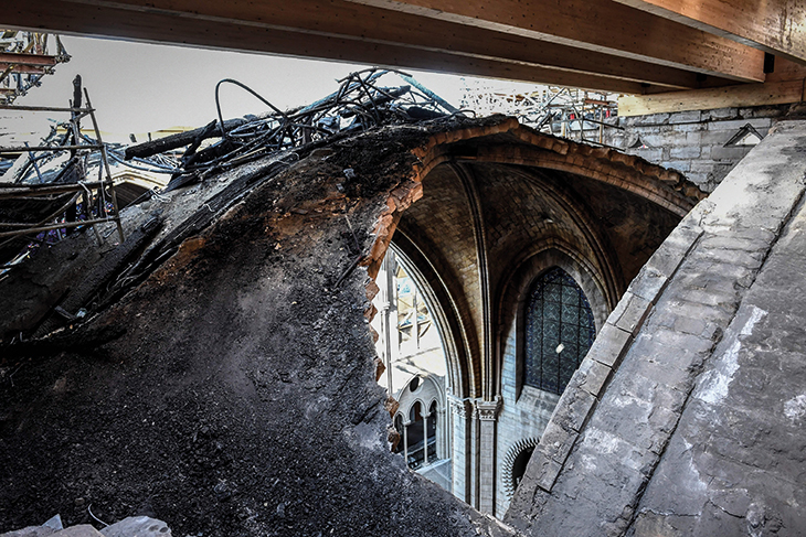 View of part of a destroyed ribbed vault in Notre-Dame during preliminary works in July 2019. Photo: © Stéphane de Sakutin/AFP via Getty Images