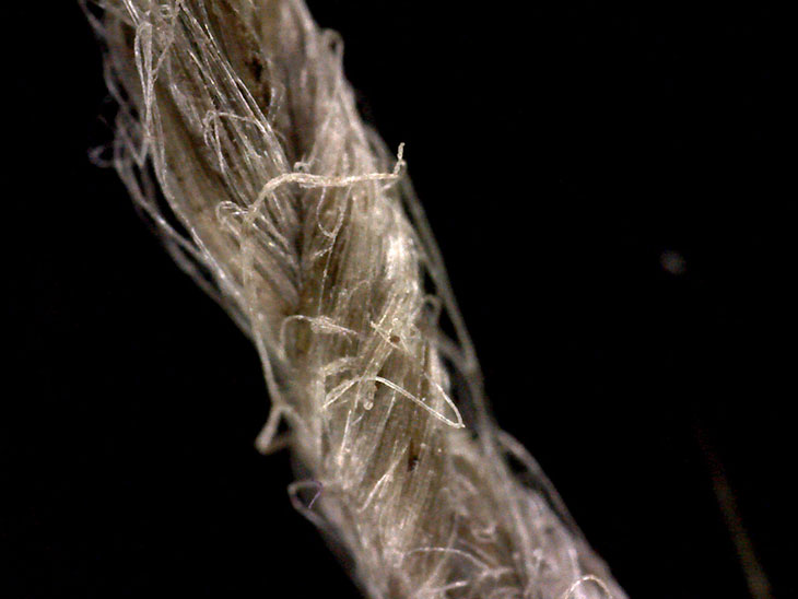 Close-up of modern flax cordage showing twisted fibre construction.