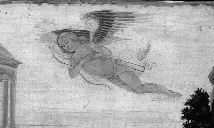 Detail showing the flying Cupid in the Infrared reflectogram Infrared reflectogram of Jacopo del Sellaio’s Story of Cupid and Psyche at the Fitzwilliam Museum, Cambridge